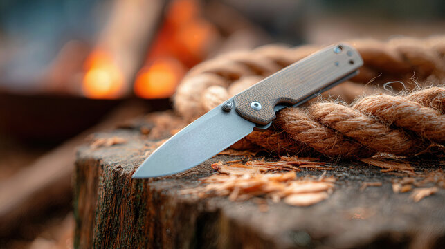 Rugged Outdoors Pocket Knife on Wooden Stump with Rope by Campfire, Capturing Adventure Preparedness and Wilderness