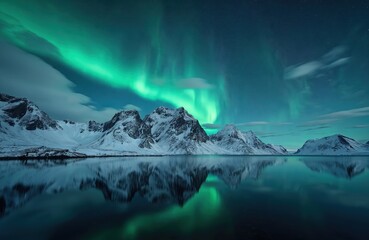 Snowy mountains, calm water under green northern lights in night sky. Aurora borealis shines above fjord with reflection in Lofoten islands Norway. Frozen landscape with snow capped peaks, dark blue