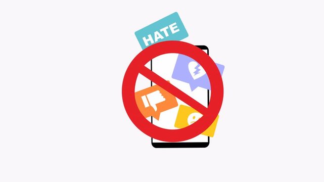 Smartphone displaying hate speech and prohibited sign, ideal for illustrating online censorship, cyberbullying, social media regulation topics.