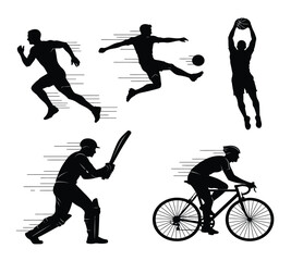 Collection of five black silhouettes depicting various athletes engaged in dynamic sports activities. Includes running, soccer, basketball, cricket, and cycling.