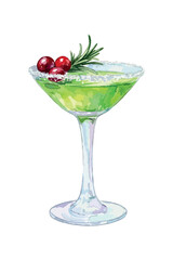 Green Christmas Martini with cranberry - vector watercolor cocktail illustration