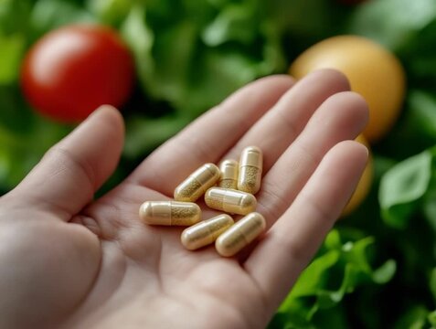 Hand holds capsules with fresh vegetables in background at home kitchen during afternoon meal prep