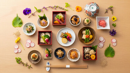 An exquisite array of traditional Japanese dishes, meticulously arranged in a multi-course culinary presentation, offering a gourmet gastronomic experience with vibrant flavors