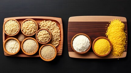 Grains in Wooden Bowls with Turmeric Powder and Flour on Cutting Board