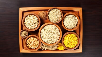 Overhead View of Ten Wooden Bowls Filled with Diverse Grains and Legumes