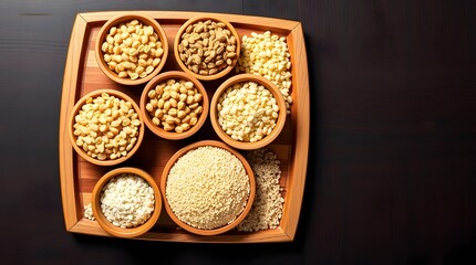Assorted Organic Seeds and Grains in Circular Wooden Dishes on Rectangular Board
