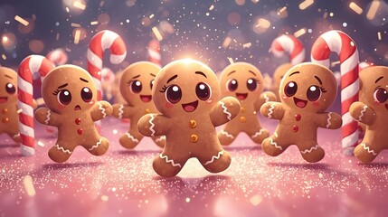 Obraz premium Gingerbread men running with candy canes in a festive scene