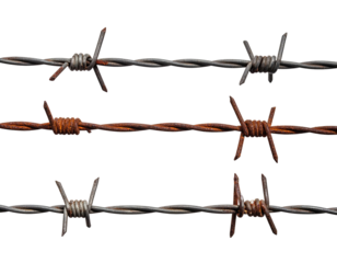 Three horizontal lines of barbed wire with a black background, rust and grey tones