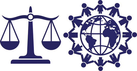 Symbolic representation of global justice and human rights with scales of justice and world globe surrounded by people silhouettes isolated on white background