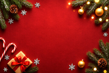 Top-down view of red Christmas background with gift box, candy canes, gold baubles, pine branches and snowflakes, festive copy space ideal for greeting cards, banners and ads online.