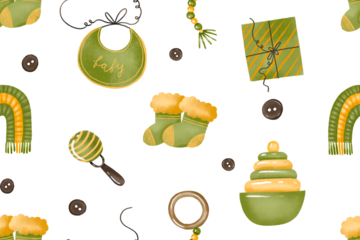 childrens set of cute things, baby accessories, pyramid, rainbow, toys, pacifiers, clothes, hand drawn background i. Seamless newborn pattern. Toddler