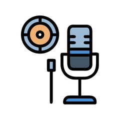 Stylized vintage microphone with circular graphic element in flat design against black background