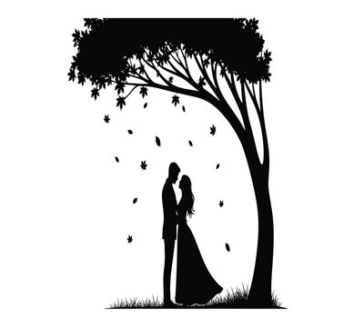 Black silhouette illustration of a loving couple embracing under a tree with autumn leaves falling around them. Ideal for romance, wedding, or nature themes. Vector artwork.