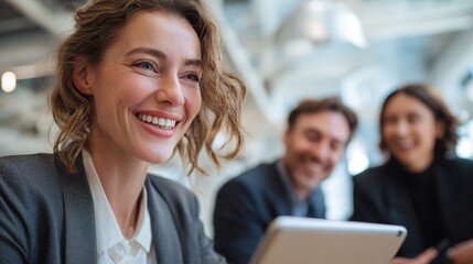 Corporate Synergy: A smiling woman engages in collaborative work, the room abuzz with positivity and dedication. This photo captures the essence of a modern workplace, promoting teamwork and success.