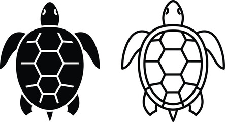 Obraz premium Stylized sea turtle icon set: solid fill and outline versions.