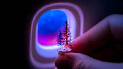 A traveler's hand delicately holds a pair of miniature, glowing Christmas trees against the vibrant, blurred night sky visible through an airplane window, symbolizing holiday travel.