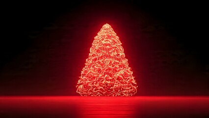 A stunning 3D-rendered digital Christmas tree glows brilliantly in deep red, reflecting on a dark wet-look floor. This futuristic abstract holiday concept evokes a dramatic modern.