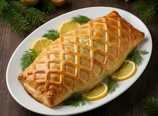 An elegant baked savory pastry, possibly Salmon Wellington, featuring a golden lattice crust, garnished with fresh lemon and dill, perfect for a festive holiday dinner or Christmas celebration.