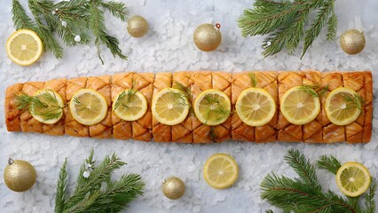 Elegant baked salmon fillet topped with fresh lemon slices and dill, presented on a bed of crushed ice. Surrounded by pine branches and festive gold Christmas ornaments.