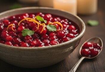 Cranberry sauce garnished with fresh cilantro leaves and orange peel twists, served in rustic bowl with silver spoon on dark wooden table.