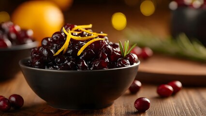 Vibrant homemade cranberry sauce topped with fresh orange zest and rosemary sprig, served in a dark bowl on wooden table with warm holiday bokeh lights.