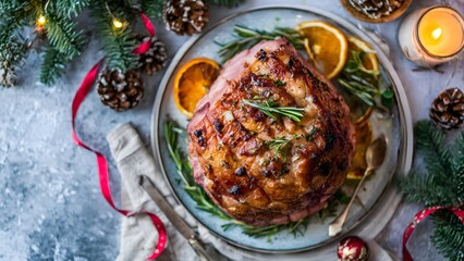 Top-down view of a delicious honey glazed roast ham garnished with fresh rosemary, surrounded by festive Christmas decorations, pine branches and warm candles on a rustic holiday dinner table.