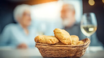Close-up shot of warm, golden cornbread in a rustic basket, placed on a table. The soft focus background shows a happy senior couple sharing a cozy intimate and cheerful dinner.