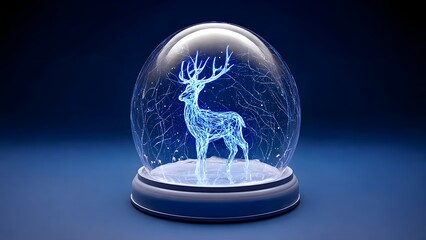 A close-up of a luminous blue wireframe deer, captivatingly displayed inside a futuristic glowing snow globe. This high-tech 3D render perfectly merges winter magic and modern digital art.