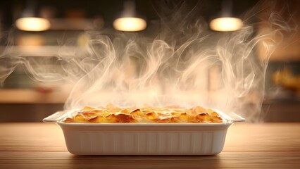Delicious homemade baked macaroni and cheese casserole featuring a golden brown crust and hot steam rising, served in a ceramic dish on a wooden table.