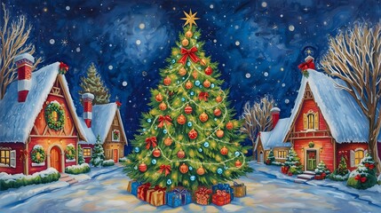 Obraz premium Christmas tree in snowy village with decorated houses and gifts