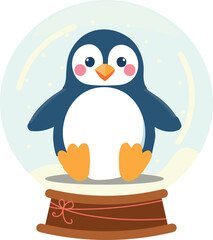  A cute cartoon penguin with rosy cheeks sits inside a festive snow globe surrounded by falling snow.