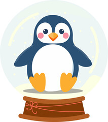  A cute cartoon penguin with rosy cheeks sits inside a festive snow globe surrounded by falling snow.