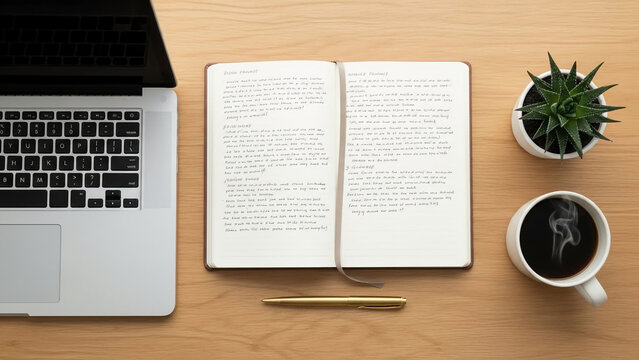 Overhead view of a laptop open notebook coffee cup and plant on a wooden desk