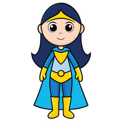 Cartoon superhero girl character wearing blue and yellow costume standing heroic pose