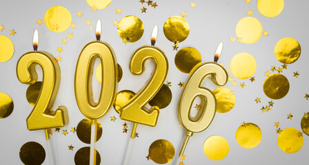 New Year greeting card. background Happy New Year 2026. Golden candles with numbers of year 2026 on...