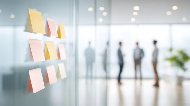 Group of men are standing in a room with a wall of sticky notes. Business research.