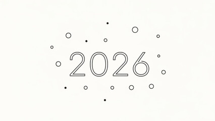Minimalist graphic design featuring the year 2026 in bold outline font surrounded by scattered small circles and dots on a clean white background