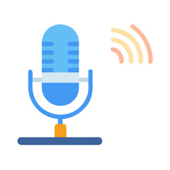 Vector illustration of a blue microphone with sound wave symbol on black