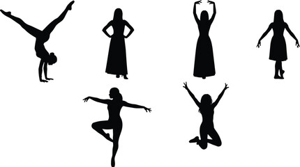 Diverse Set of Dance Silhouettes, Featuring Female Figures in Dynamic Ballet, Modern, and Performance Poses with Flowing Hair and Dresses on White Background.