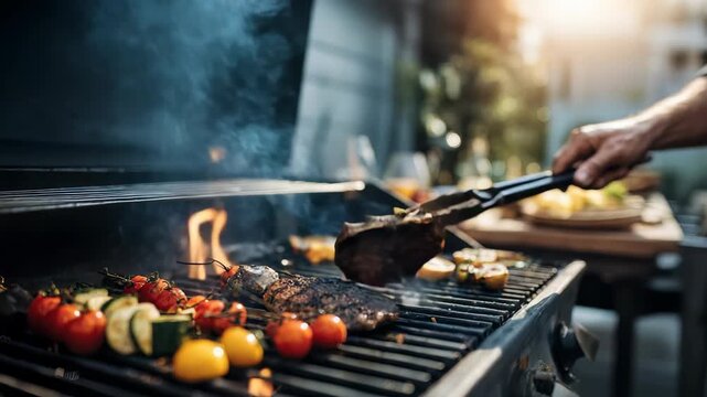 Closeup of a sizzling barbecue grill loaded with steak, tomatoes, and zucchini, surrounded by warm sunlight. Perfect summer cookout scene with fresh ingredients and relaxed outdoor vibes