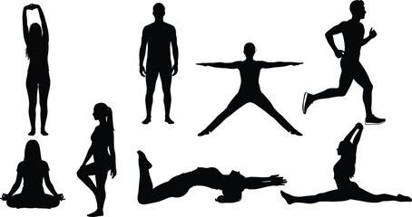 Diverse Fitness and Yoga Silhouettes Set, Male and Female Figures Running, Stretching, Meditating, and Performing Full Body Workouts for Wellness and Active Lifestyle Vector Isolated.