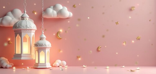 Two white hanging lanterns with glowing lights against pink background. Small white clouds float near lanterns. Golden stars, moons scattered around on soft pink wall. Lanterns intricate designs.