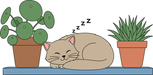 Cozy cat napping peacefully between two lush potted plants on a shelf a whimsical and serene scene for home decor and animal lovers isolated on white background