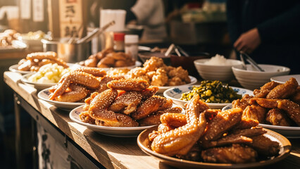 Appetizing display of crispy fried chicken wings and diverse culinary delights at a bustling street food stall, offering a mouth-watering selection for food lovers