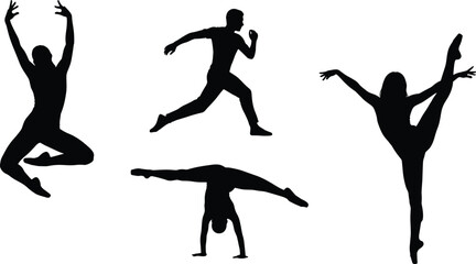 Dynamic Male Athlete Silhouettes Collection, Figures in Action Poses of Jumping, Running, Handstands, and Extreme Stretching for Sports Training and Performance Vector Graphic Design Isolated.