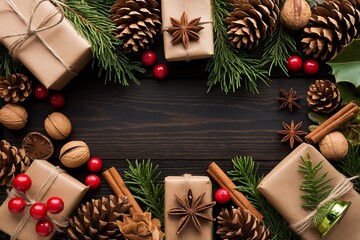 christmas background with christmas decorations Merry Christmas and Happy Holidays greeting card, frame, banner. New Year. Noel. Red and white Christmas decorations and g top view. Winter xmas holiday