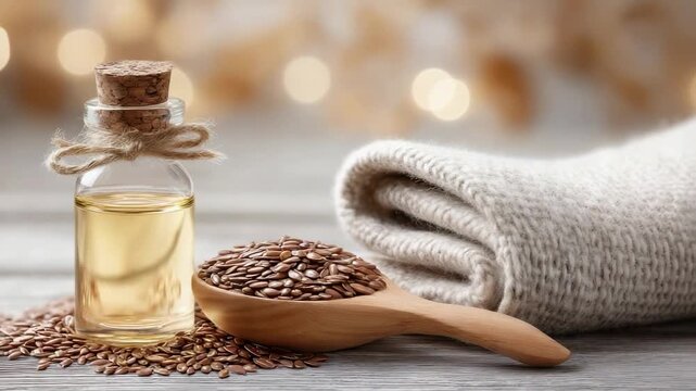 Oil in glass bottle with cork next to spoon of seeds and soft fabric on wooden table with lights in background