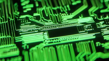 Ultra HD Closeup of glowing green circuit board traces in a dark environment, symbolizing technology and digital data flow video - Powered by Adobe