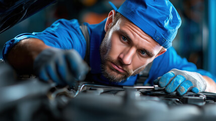 A focused mechanic inspects and repairs a car engine in a modern workshop. Bright lights illuminate the area, highlighting tools and equipment used for automotive repairs