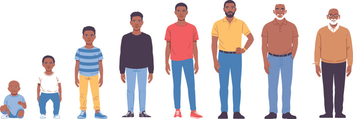 Male human life stage illustration set from infancy to old age for educational, medical, and lifestyle design themes.